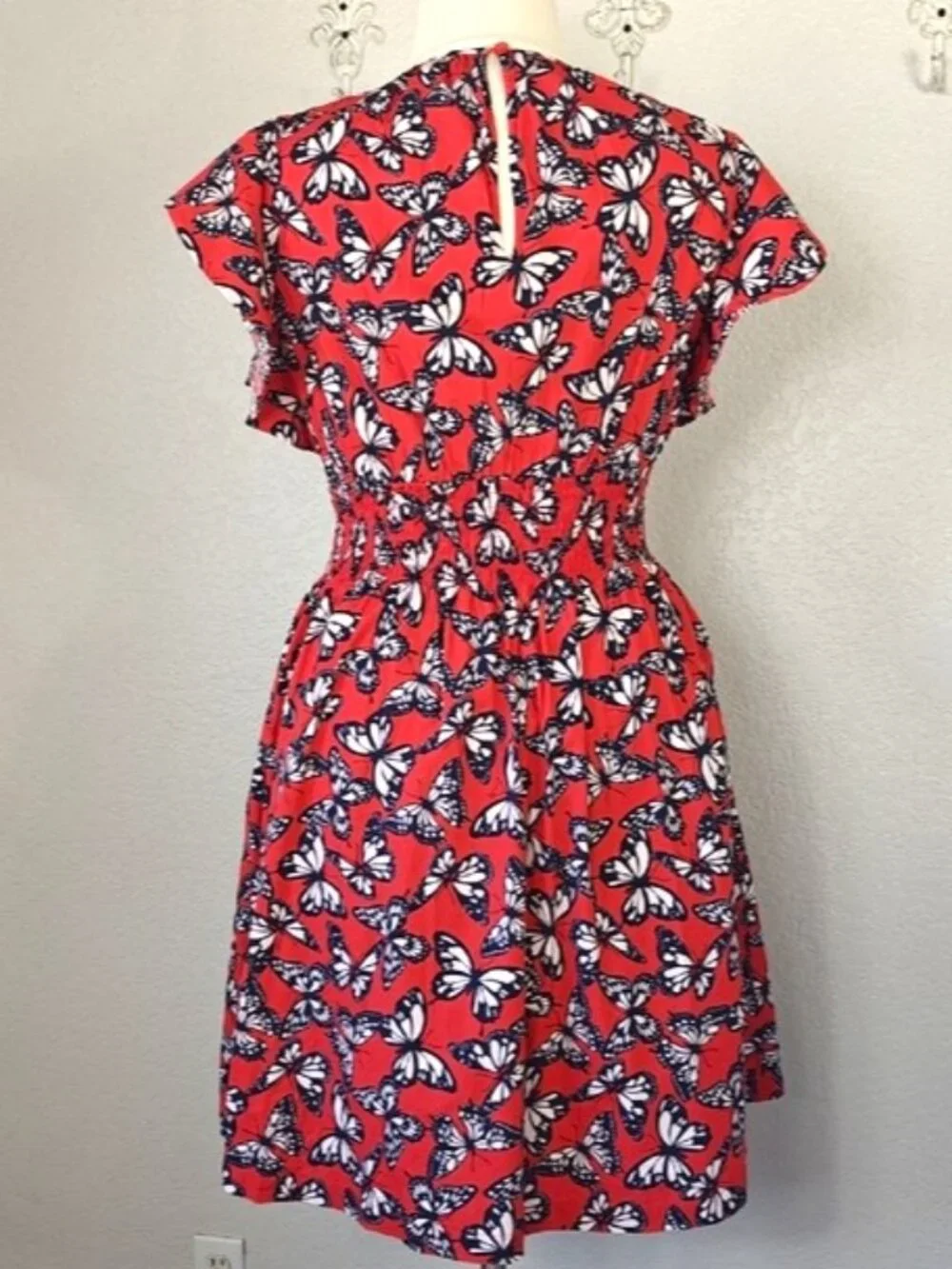 Kate Spade XL Dress Red Butterfly 🦋 Print Blake Flutter Sleeves Smocked Waist